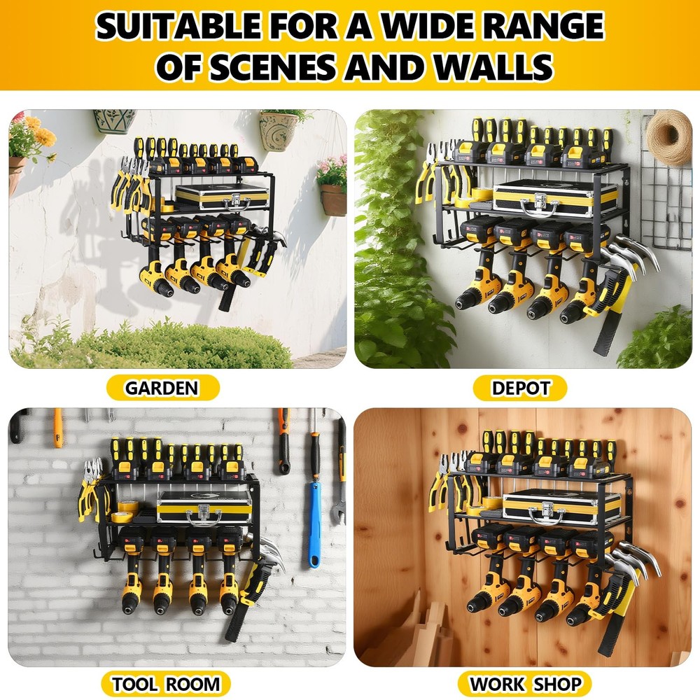 Wall Mount Tool Organizer: 3-Tier Rack with Drill Holders for Garage/Workshop