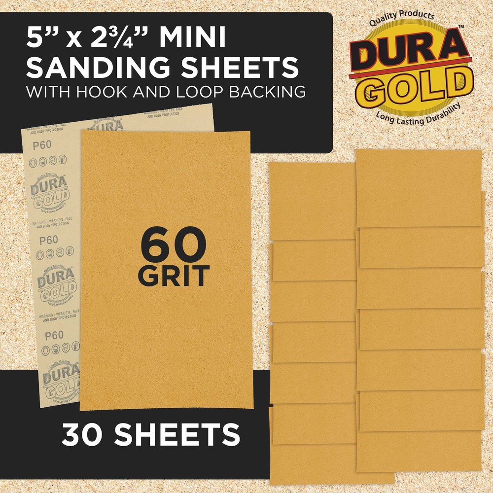 5" x 2.75" Sandpaper Sheets, 60 Grit - 30 Hook & Loop Sheets - Hand Sanding