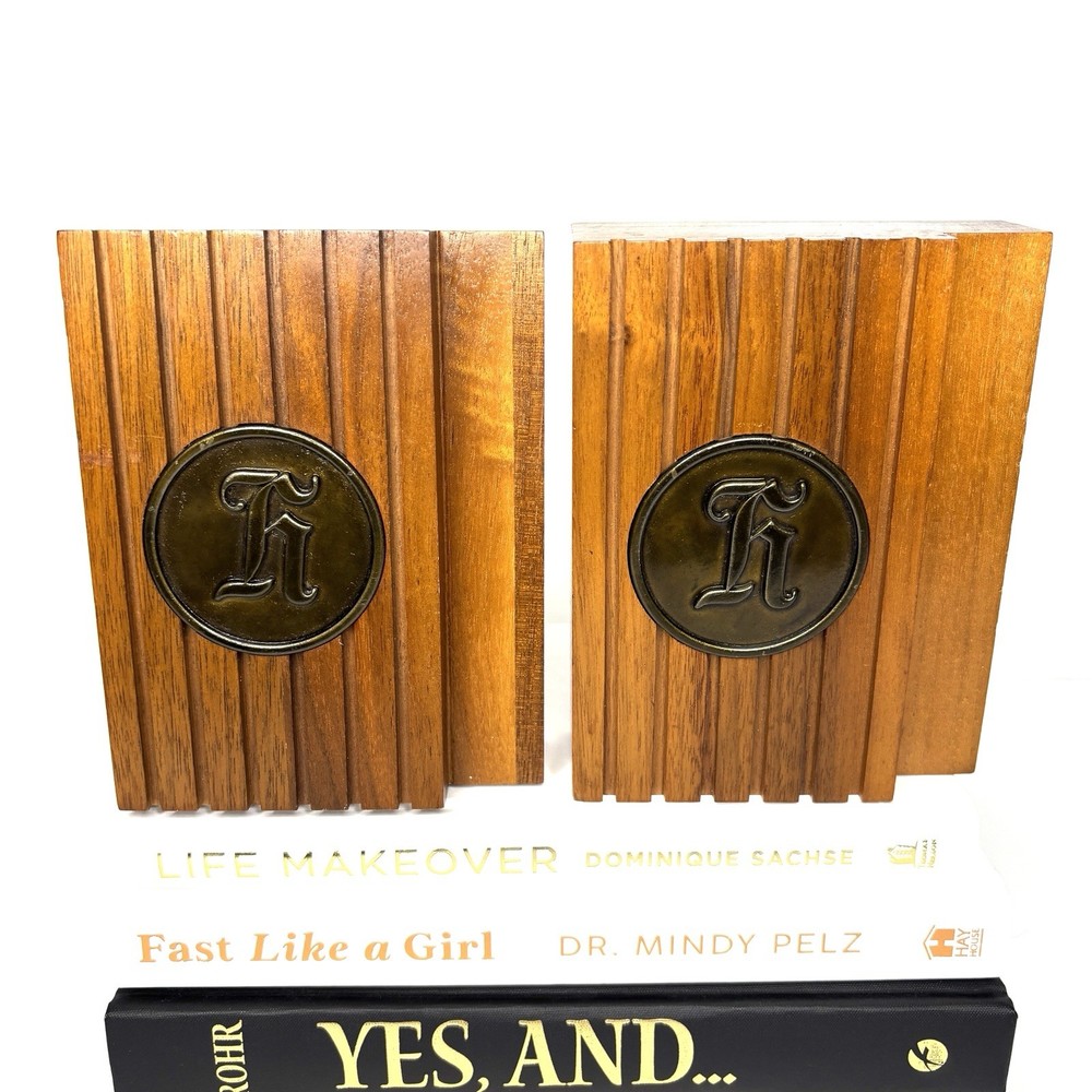 Bookends Solid Walnut Wood Personalized Initial Letter H Mid-Century Modern Book