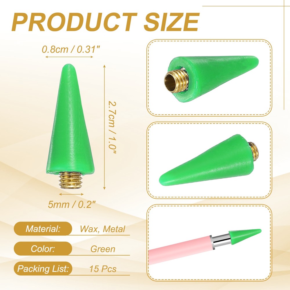 15Pcs Wax Head Tips, Rhinestone Picker Tool Wax Pencil Tips, Green