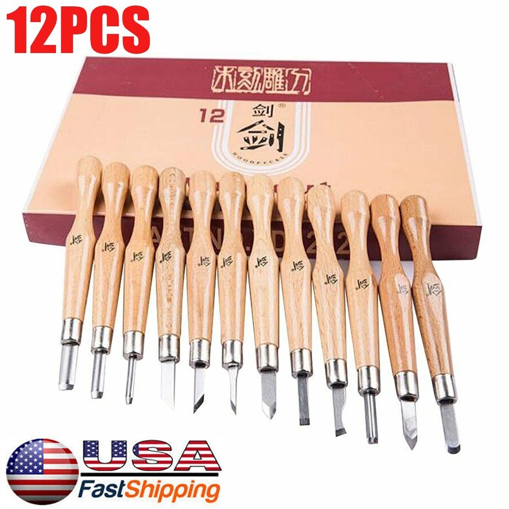 12Pcs Wood Carving Hand Chisel Tool Set Professional Woodworking Gouges Steel US