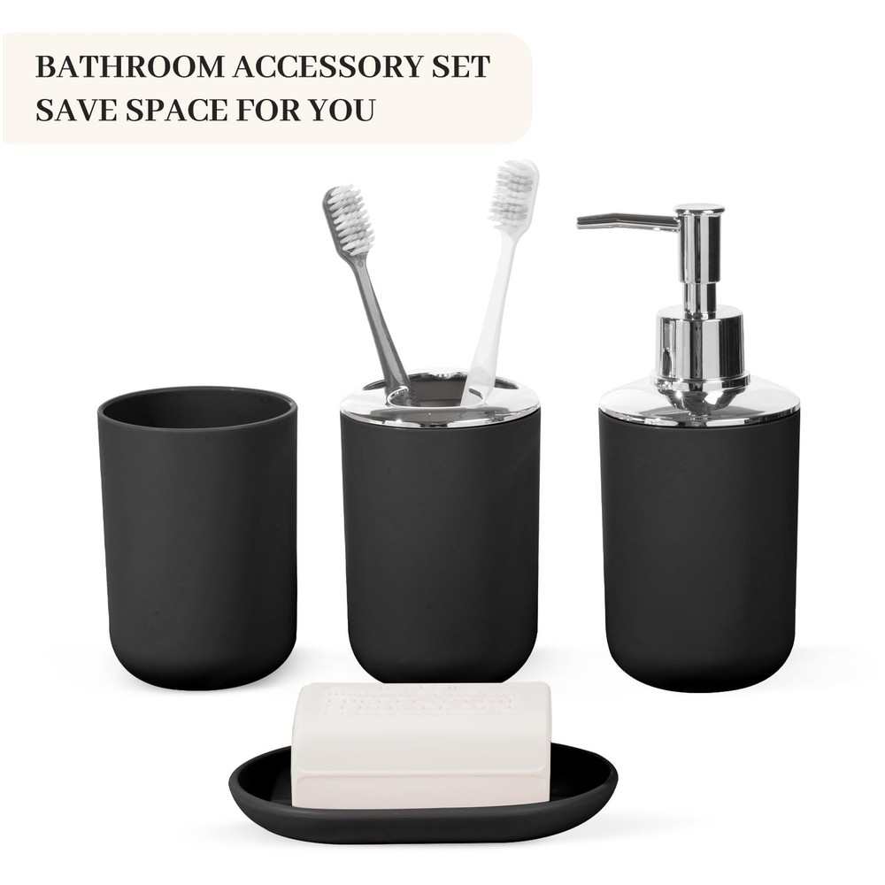 4 Piece Bathroom Accessory Set Black Modern Plastic