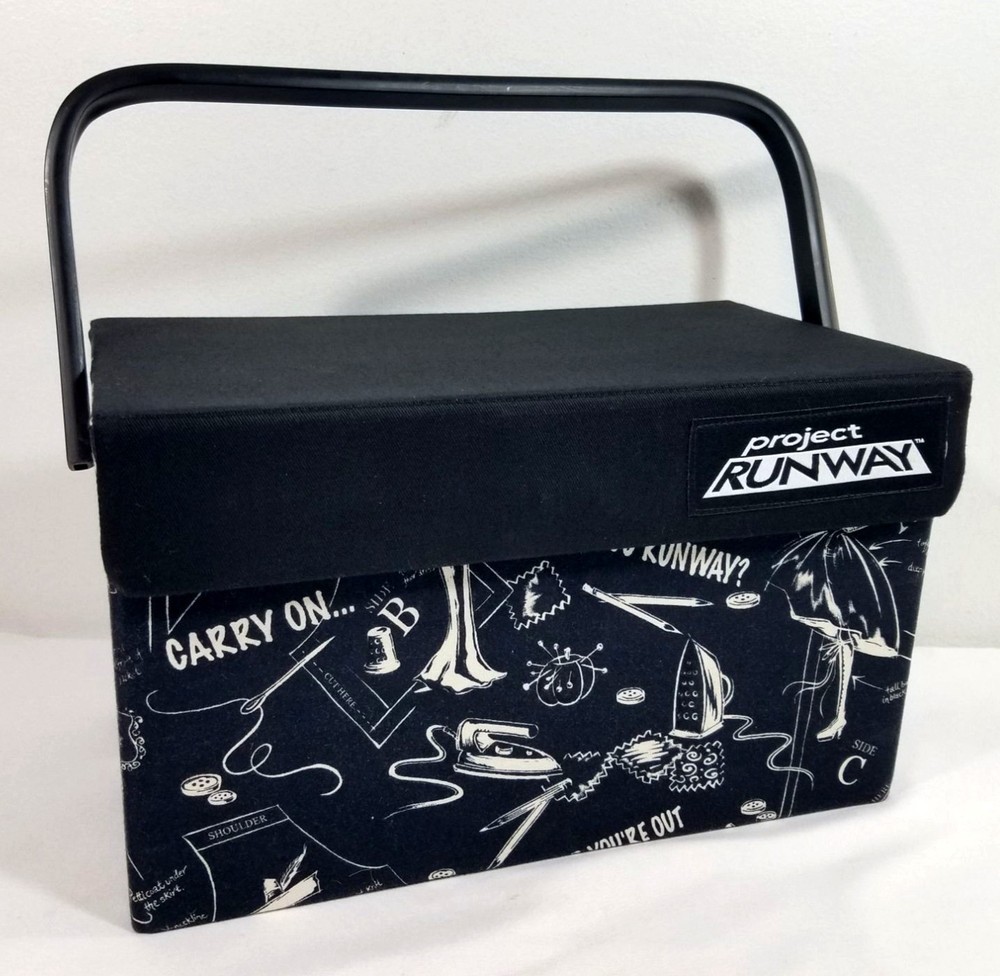 Project Runway Black & White Sewing Basket Case Organizer With Handle & Tray