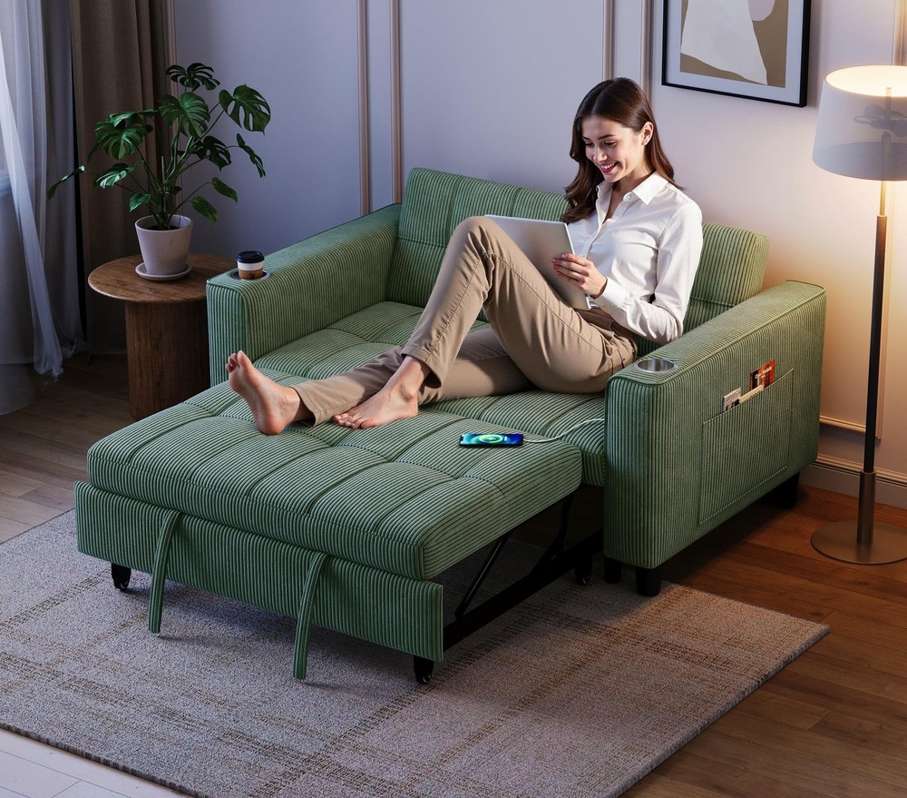 54" Pull Out Couch with Charging Station - Sleeper Sofa Bed with Cup Holder, ...