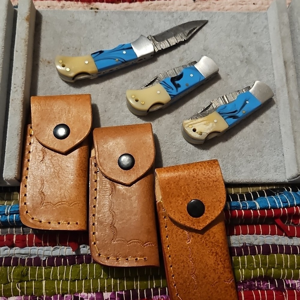 3 Damascus Folding Pocketknives Blue Bone Handle