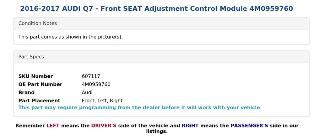 2016-2017 AUDI Q7 - Front SEAT Adjustment Control Module 4M0959760