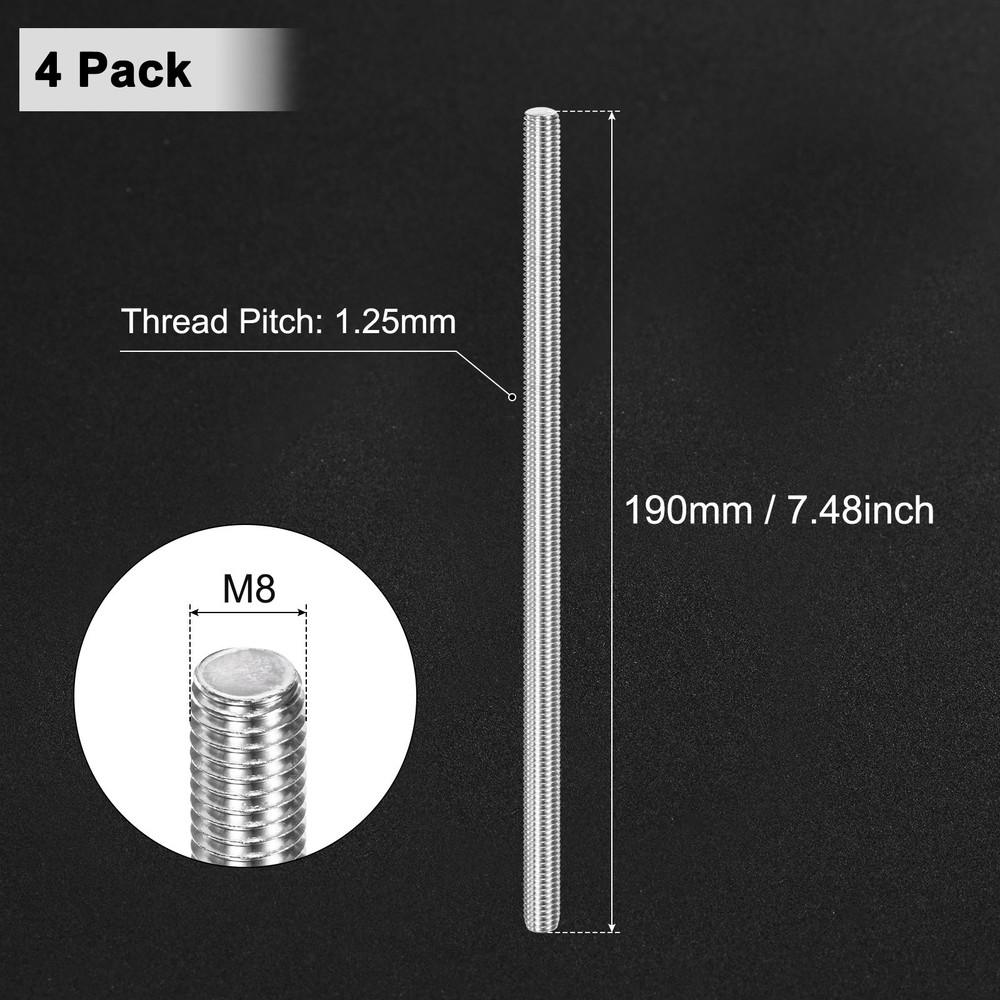 4-Pack Fully Threaded Rod, M8x190mm Stainless Steel Right Hand Thread Bar Studs