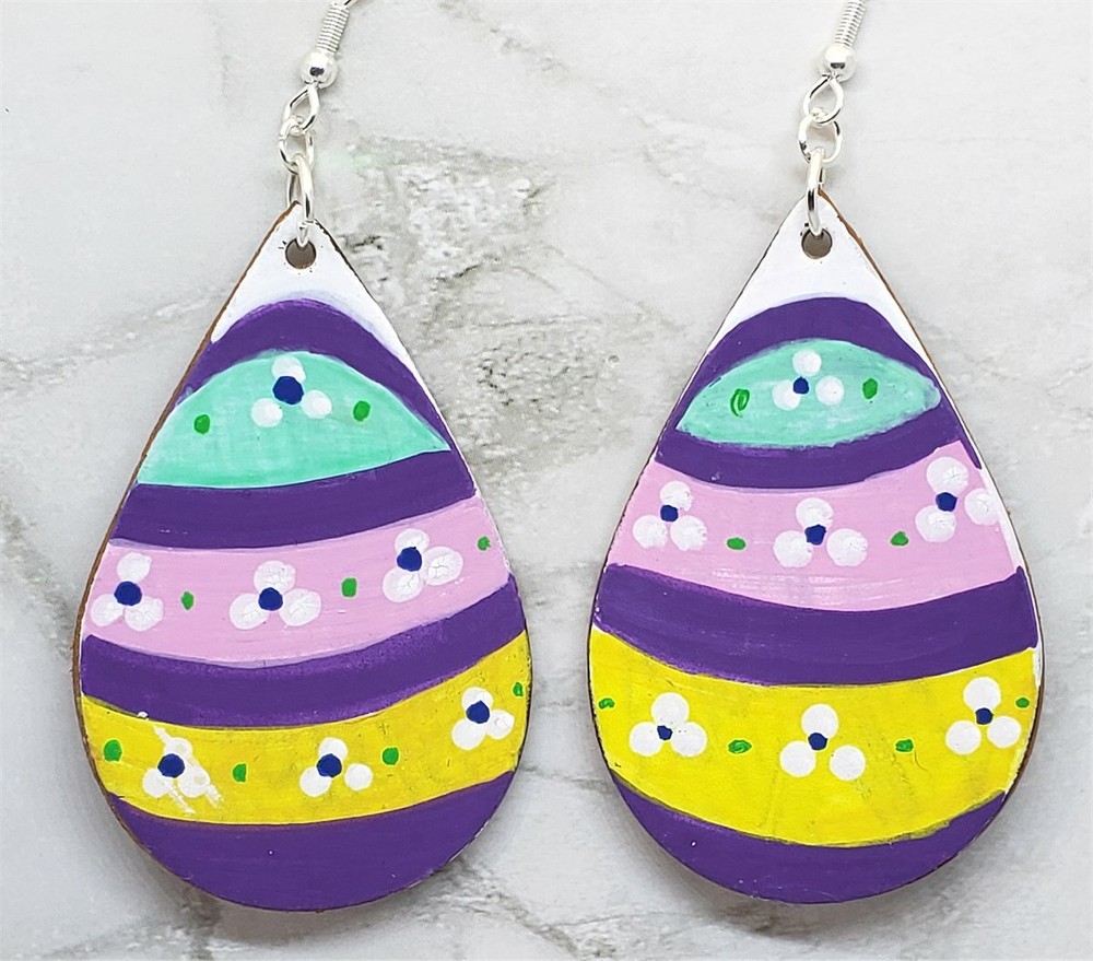 Easter Egg Tear Drop Shaped Real Leather Earrings