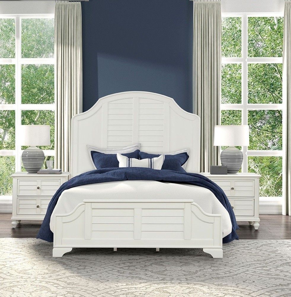 Antique White Coastal Transitional Queen Size 1pc Panel Bed Frame Set Headboard