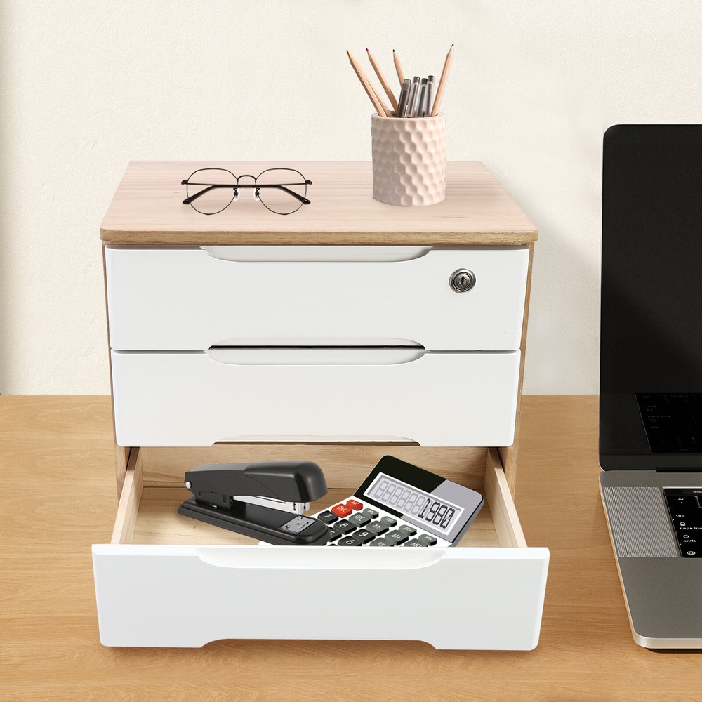 Wooden 3-Tier Desktop Organizer with Locking Drawers for Efficient Storage