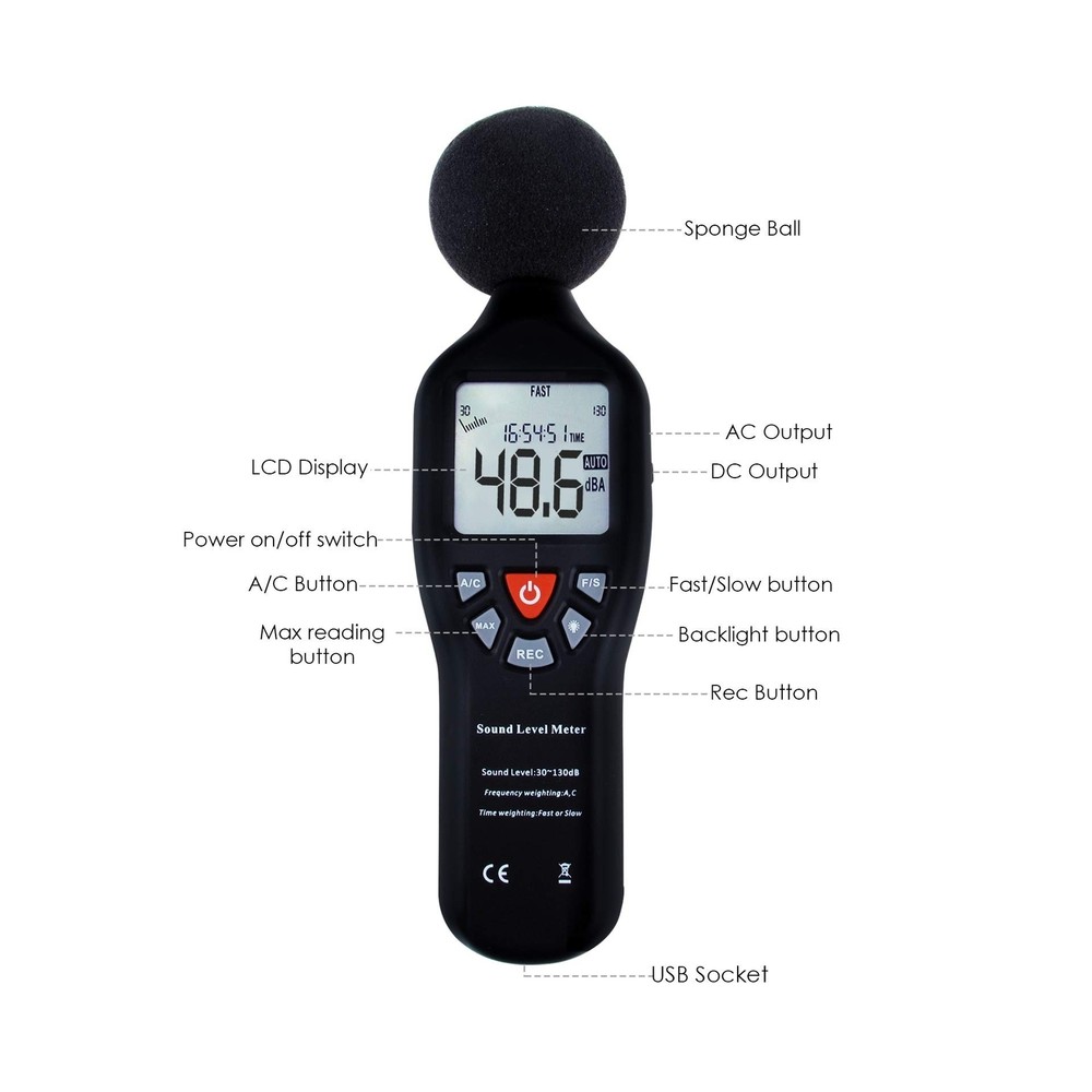 Decibel Meter Digital Sound Level Meter with Data Record Function 30-130dB Ra...