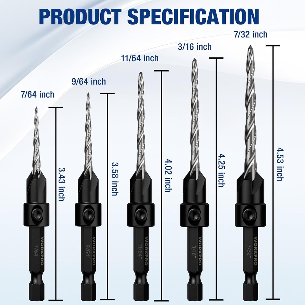 WORKPRO 5PACK HSS Countersink Drill Bit Set Adjustable M2 4-Flute Chamfer Cutter