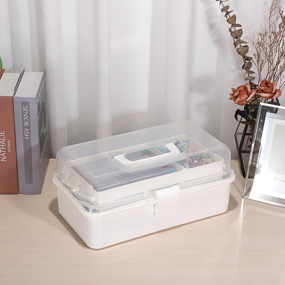 BTSKY 3-Layer Plastic Dividing Storage Box Craft Organizer with Beige White