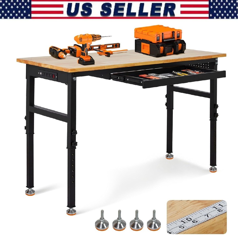 60" Heavy Duty Workbench ,Adjustable Work Bench Garage w/ Power Outlets & Drawer