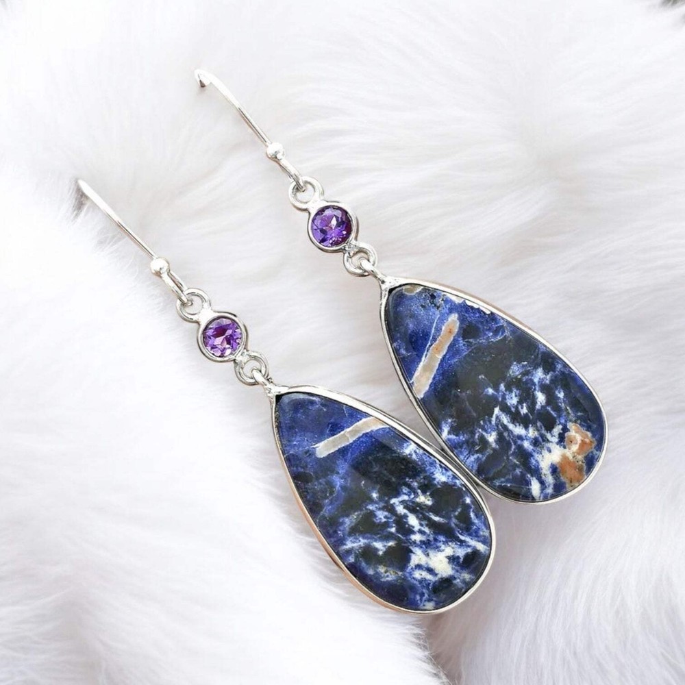 Sodalite & Amethyst Solid 925 Sterling Silver Earrings