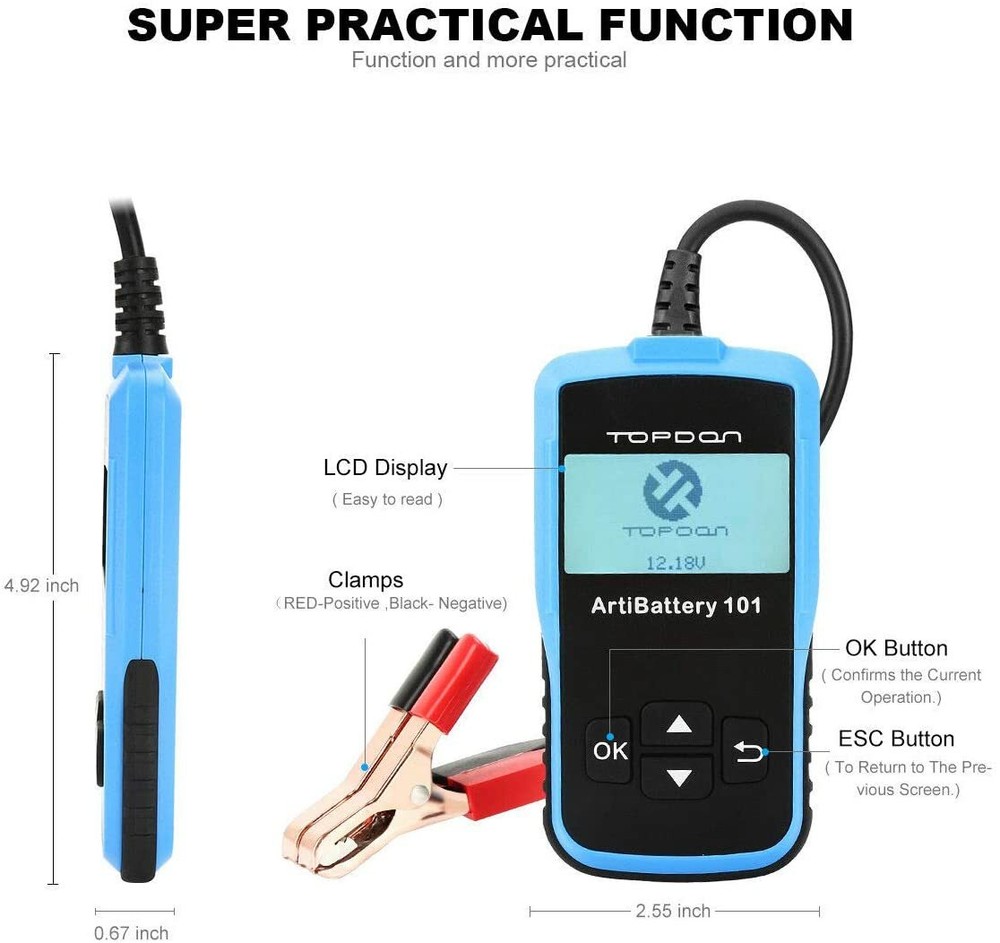 🔥TOPDON AB101 12V Battery Tester Auto Digital Analyzer Test Tool 100-2000CCA✅