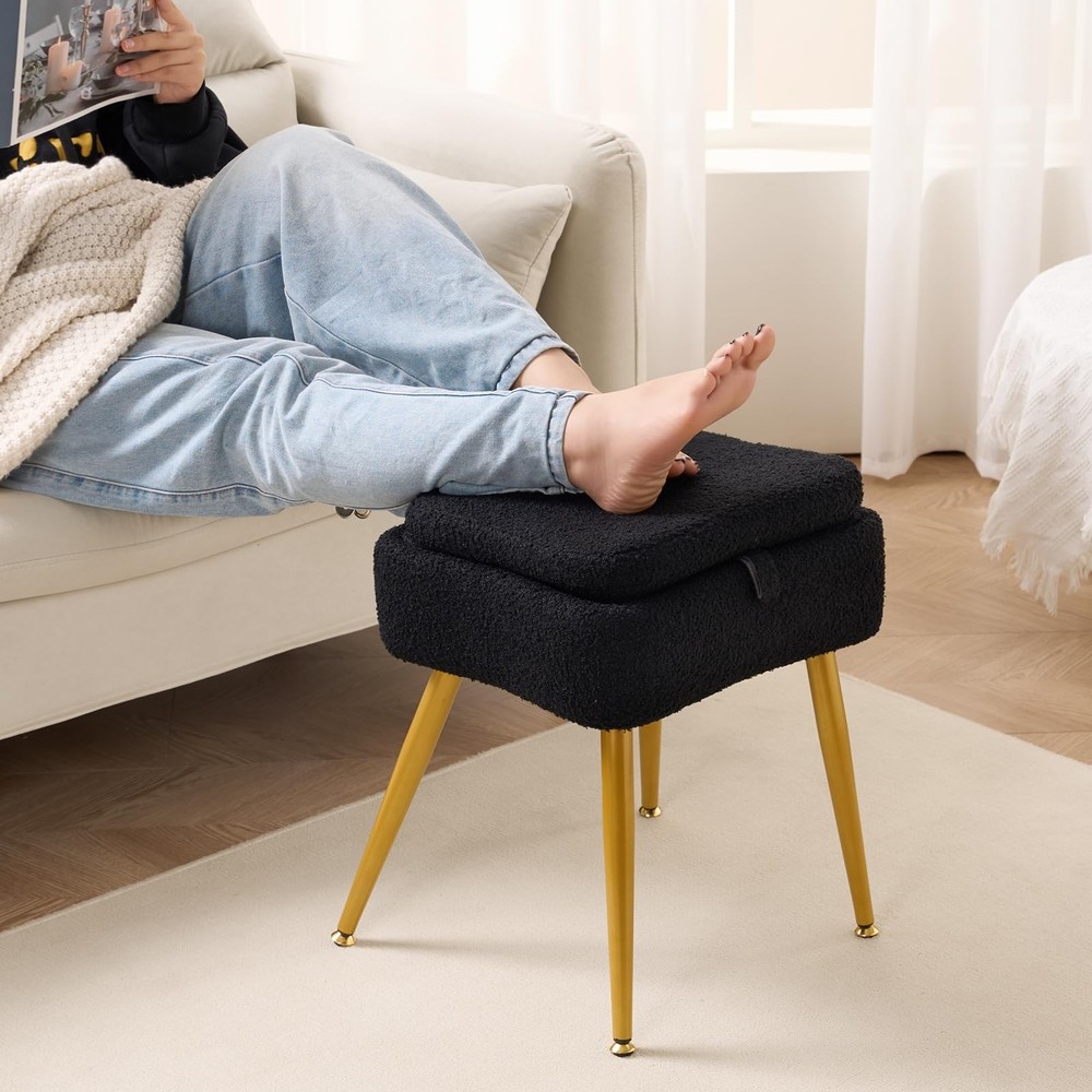 Small Vanity Chair with Storage and Foldable Backrest - Plush Teddy Fabric, 8...