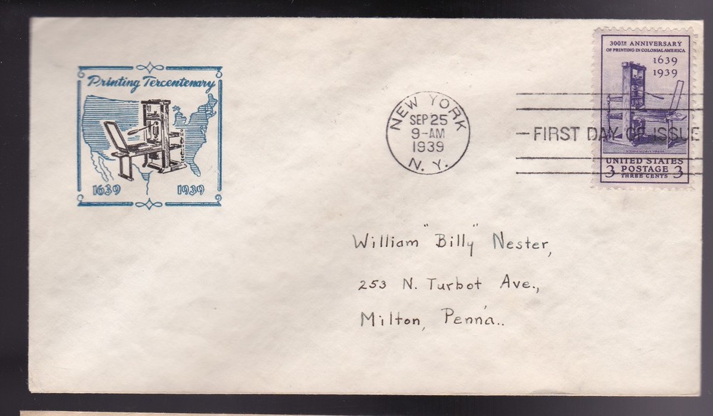 PRINTING TERCENTENARY #857 US FIRST DAY COVER 1939, UNKNOWN CACHET FDC