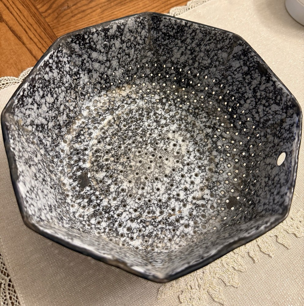 Vintage Small Enamelware Colander - Black and White - Octagonal