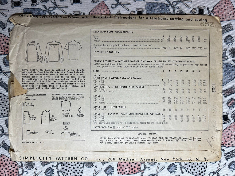 Simplicity Sewing Pattern 1503 Boys' Shirt Size 8 Cut Complete