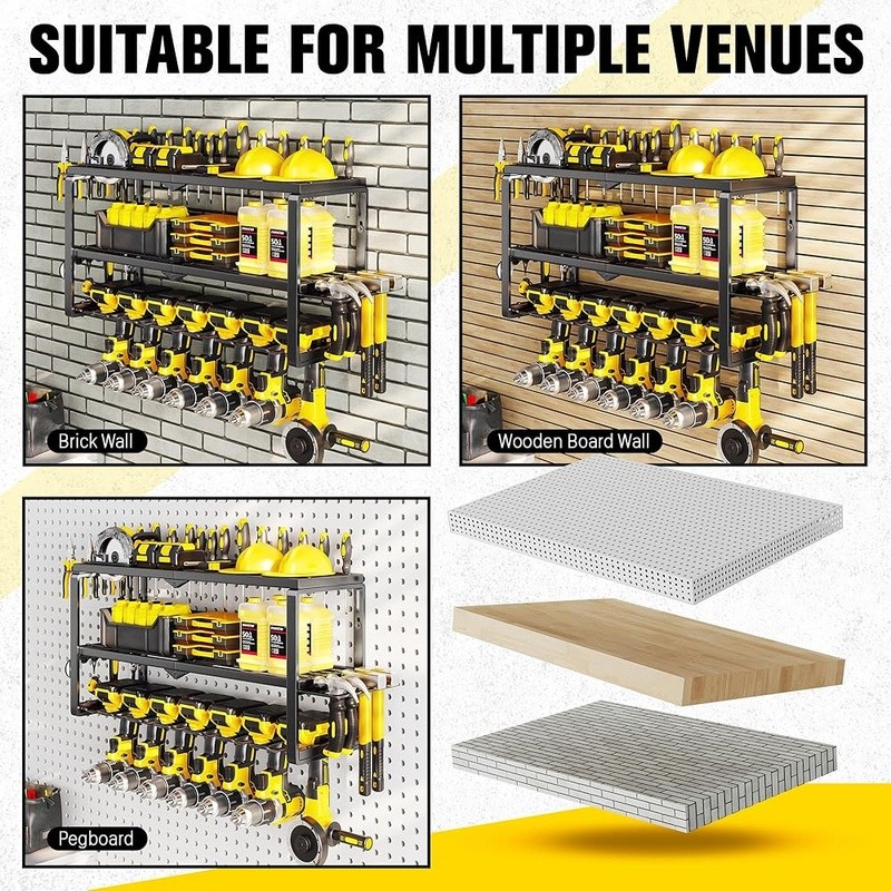 Power Tool Organizer Wall Mount 3 Layers Storage Rack W/ 7 Drill Holders Garage