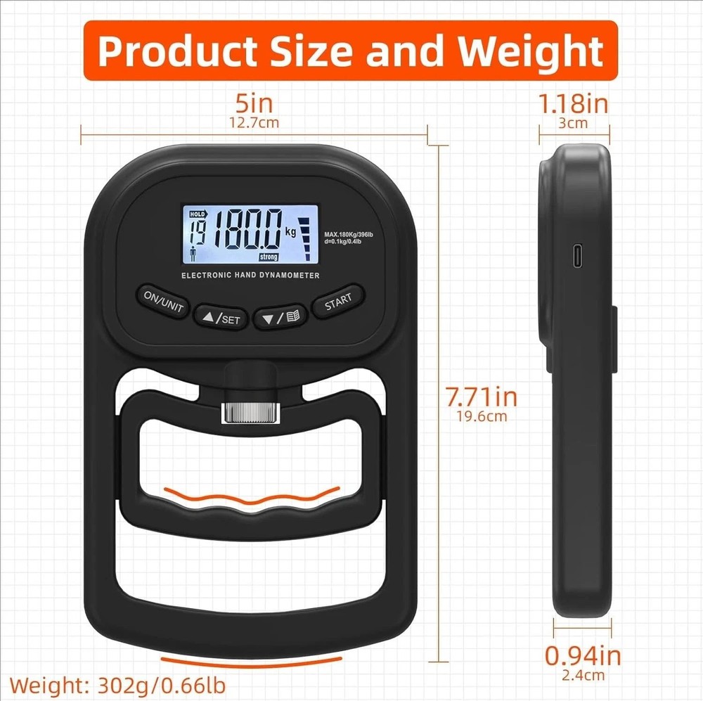 396lbs /180kg Hand Grip Dynamometer High Precision Strength Tester Training Tool