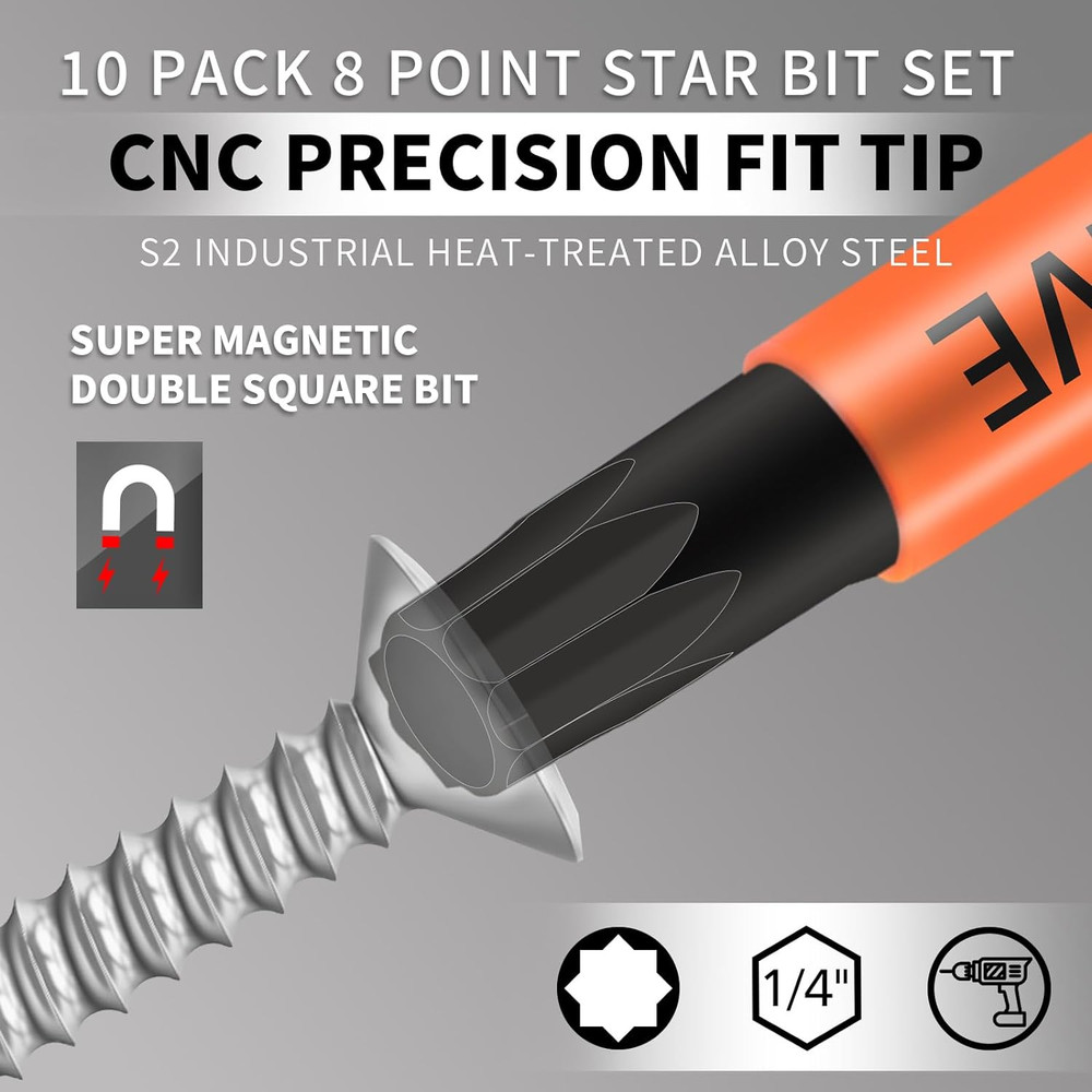 Professional 10-Pack 8 Point Torx Star & Double Square Bit Set - Premium S2 Allo