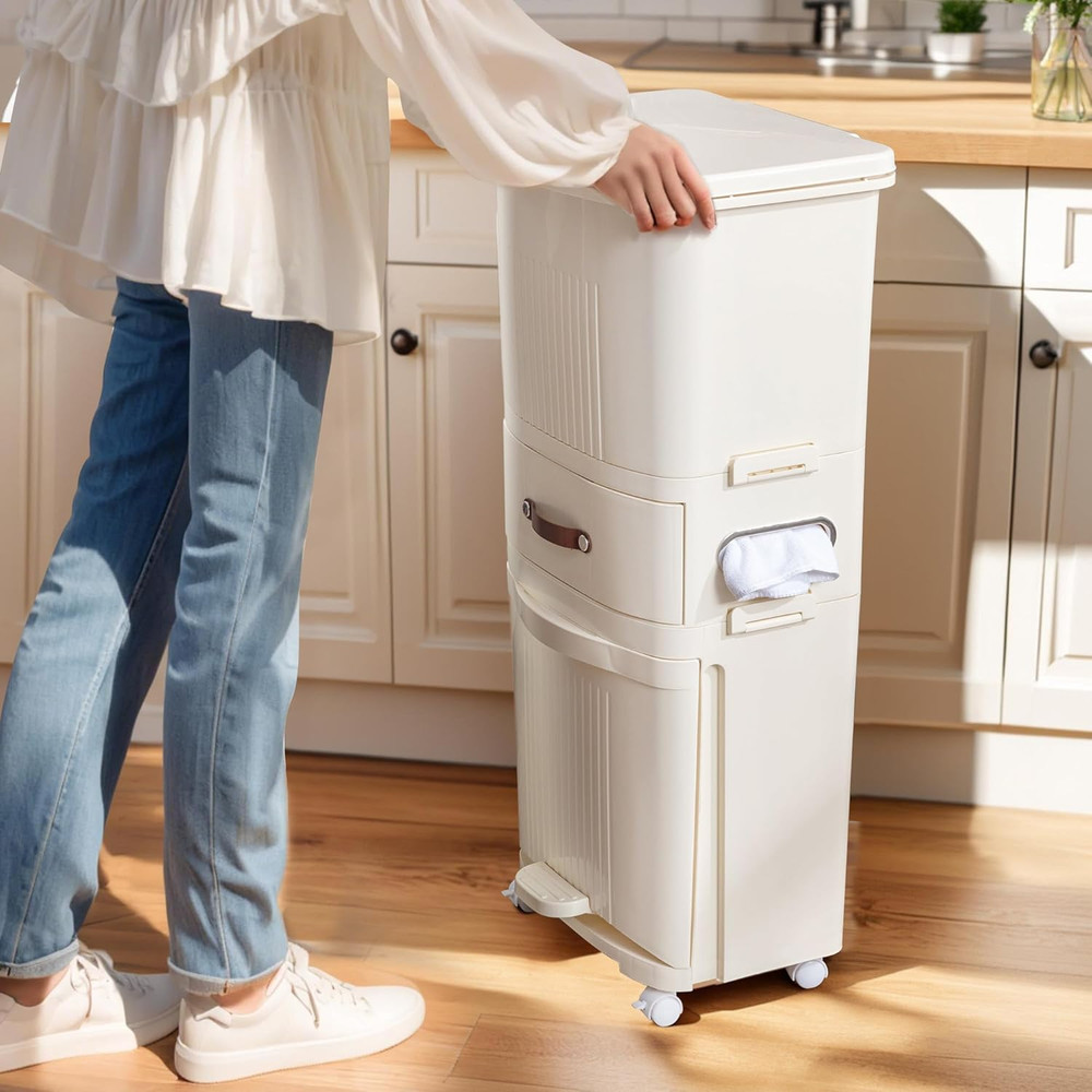 12 Gal Kitchen Trash Can with Lid, Large-Capacity Double-Layer Sorting Trash Bin