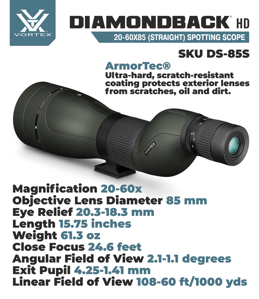 Vortex Optics Diamondback HD Spotting Scope 20-60x85 Angled w/ CF Hat & Tripod