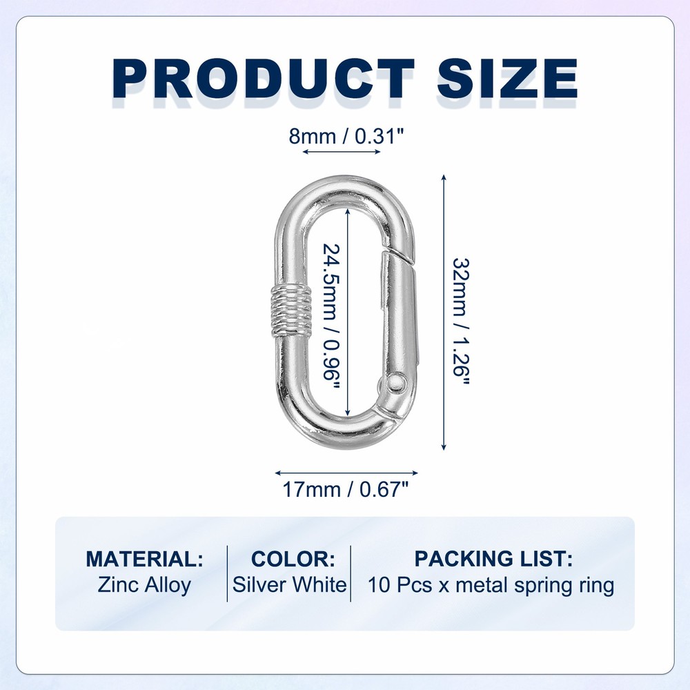 10 Pcs 32mm Oval Shaped Spring Snap Keychain Clip for Purses Silver White