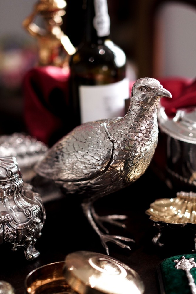 Antique Solid Silver Large Partridge/Grouse Bird Model Box - Edwardian 1910