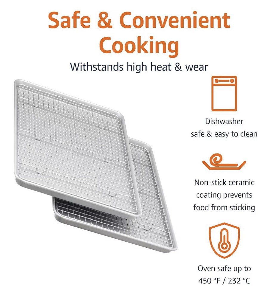 Amazon Basics Ceramic Nonstick Baking Sheets & Cooling Rack Set, 2-Pack, Gray