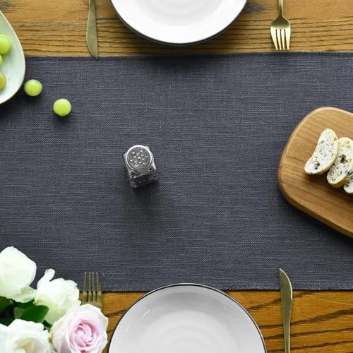 Tassel Table Runner, Linen Blend Rustic 13" x 48", Table Runner Graphite Grey