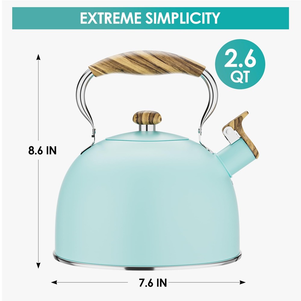 2.6 Quart Tea Kettle Stovetop Whistling Stainless Steel Wood Pattern Blue