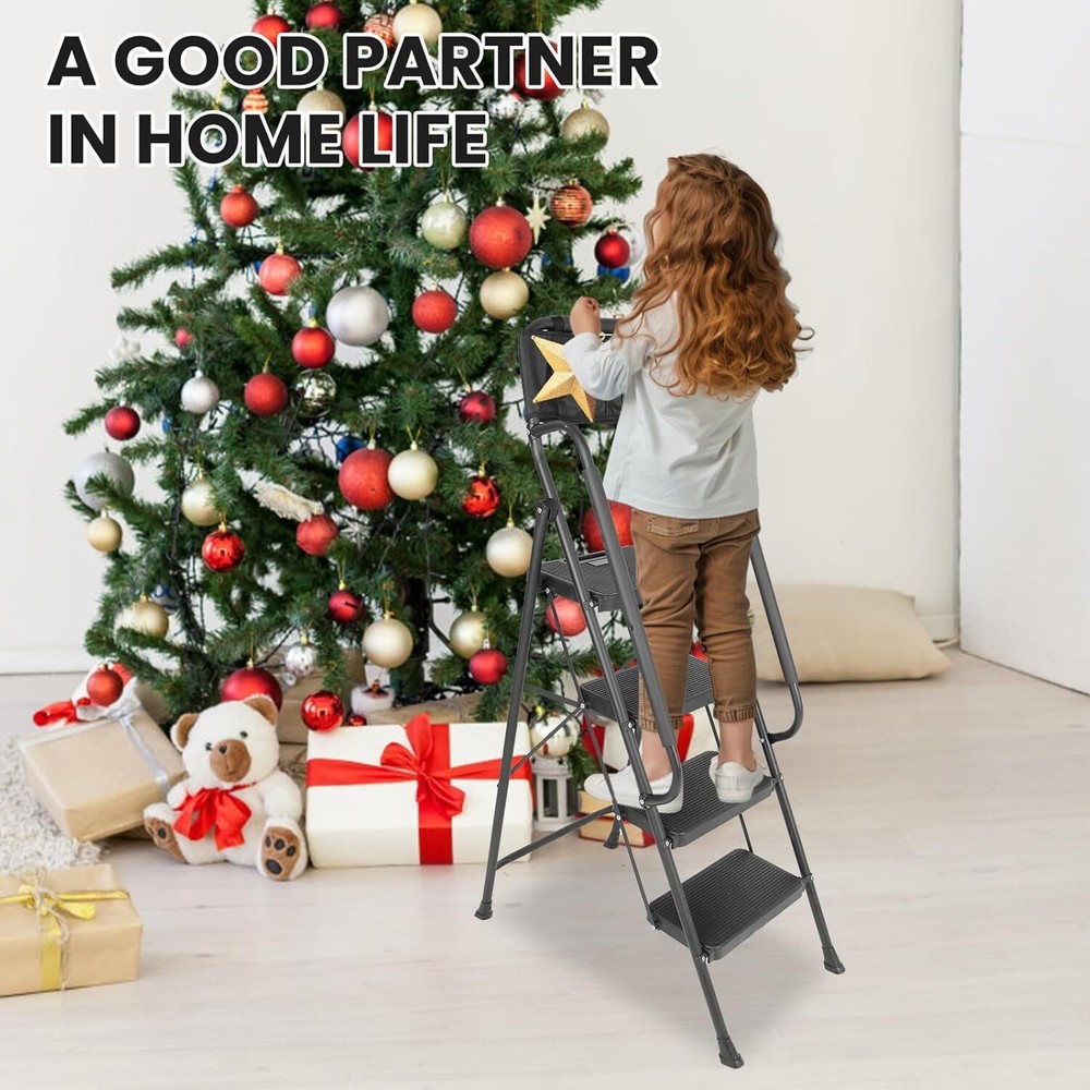 4 Step Ladder+Handrails & Attachable Tool Bag, Folding Step Stool Ladder 330 lbs