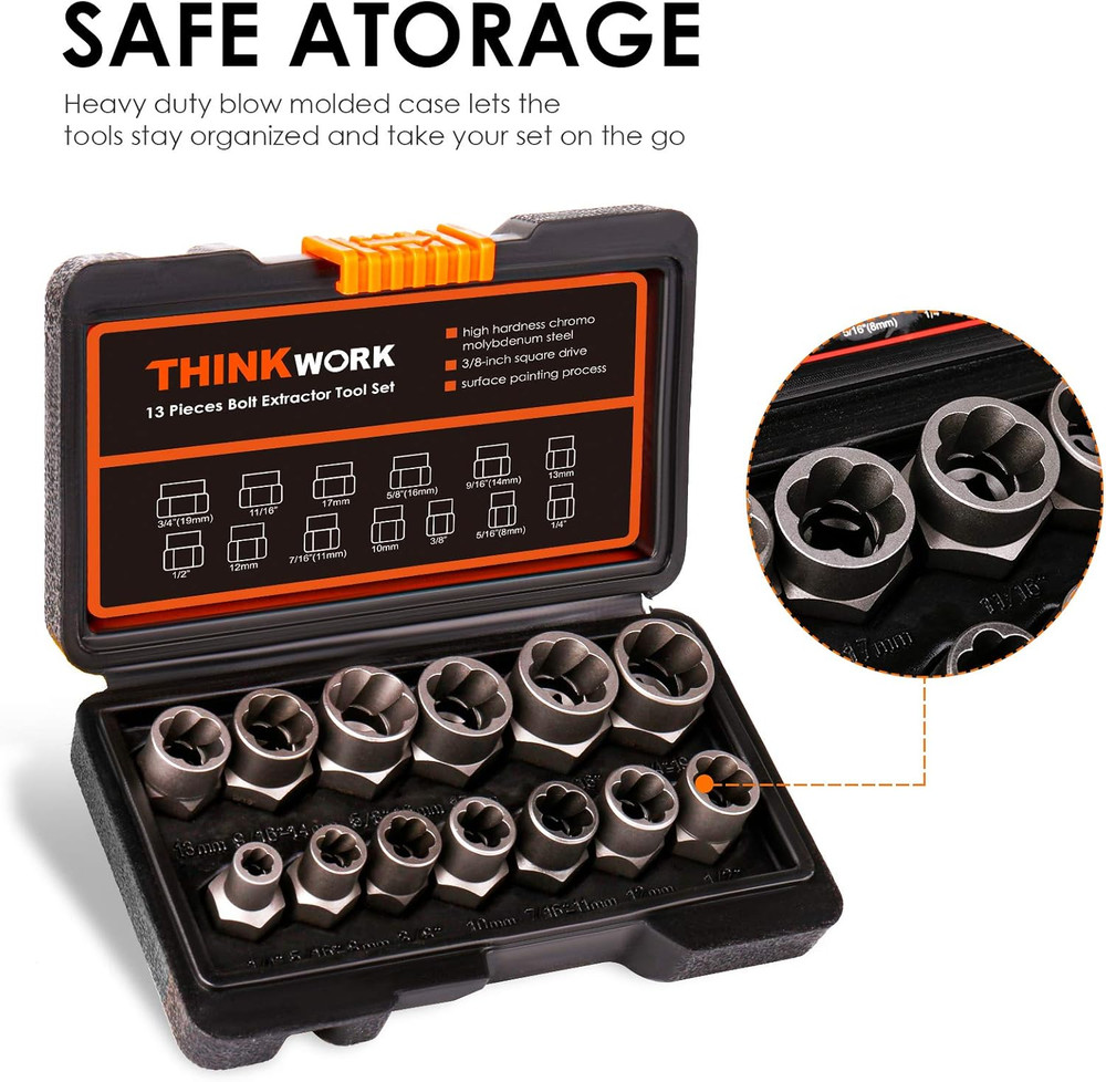THINKWORK Bolt Extractor Kit, 13+1 Pieces Nut Extractor Socket Set, 3/8" Drive R