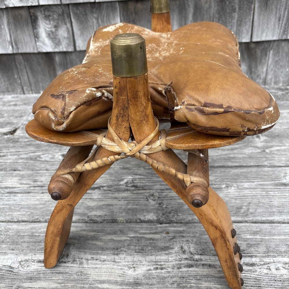 Vtg Camel Saddle Stool Brass Caps Leather Ottoman Rustic Modern Heritage Decor