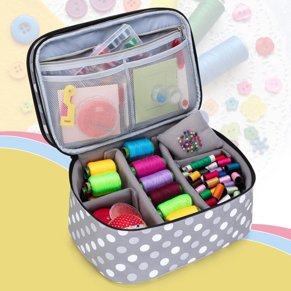 Luxja Double-Layer Sewing Accessories Organizer, Large, Grey Dots