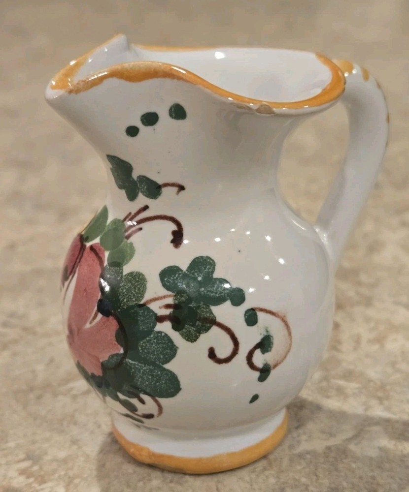 Hand Painted Miniature Ceramic Pitcher  Floral Pattern  Signed  2 3/4" Tall
