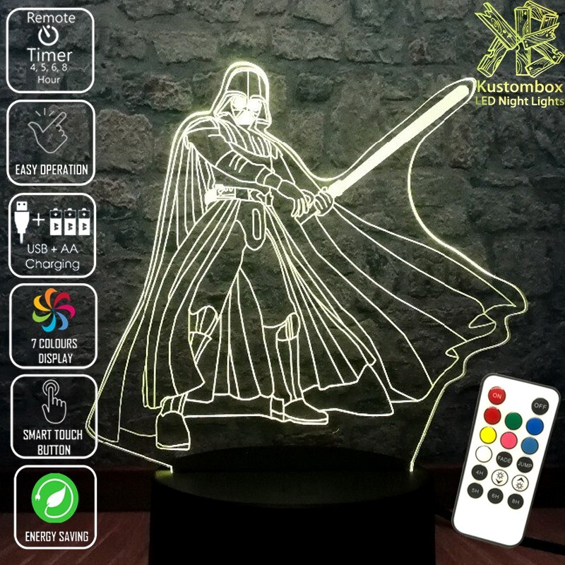 DARTH VADER STAR WARS 3D LED BATTERY USB NIGHT LIGHT WITH 7 COLOUR REMOTE