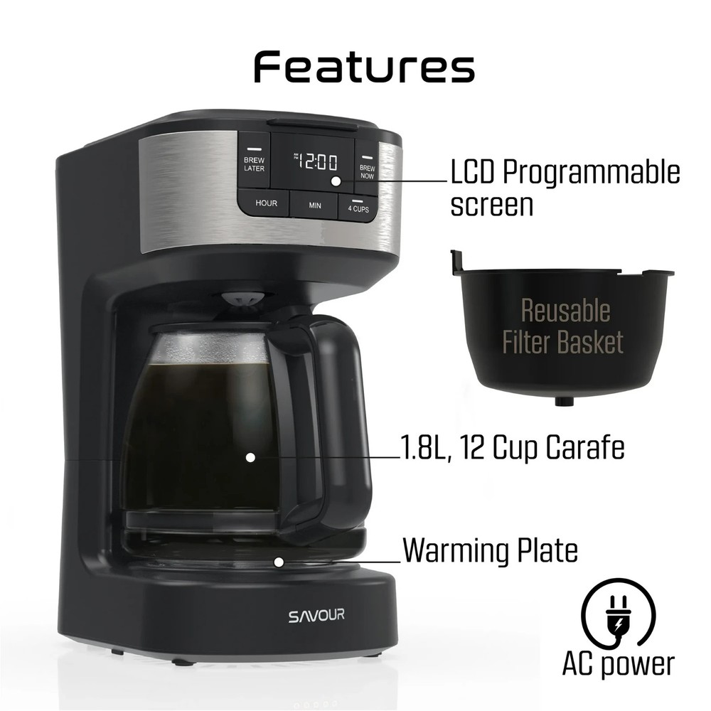 12-Cup Programmable Coffee Maker Ac-Powered Brewing Machine, Black