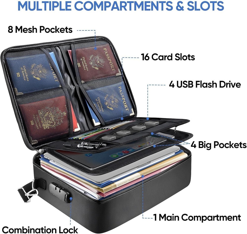 BALEINE Fireproof Document Box with Lock, Portable Fireproof Document Bag Waterp