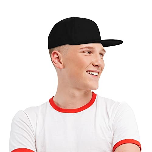 Flat Billed Structured Baseball Cap Adjustable Polyester Hat Small-Large Black