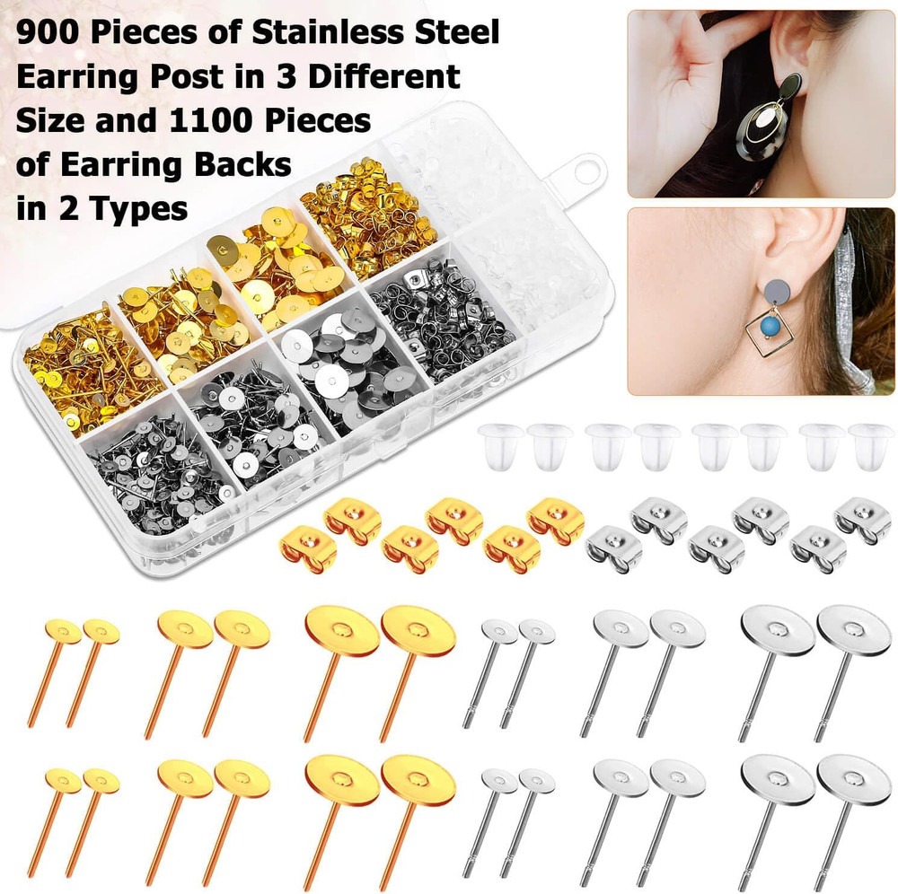 Hypoallergenic Earring Posts and Backs, 2000Pcs Stud Earrings Making Kit with E
