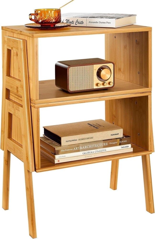 Set of 2 Bamboo Stackable Bedside Table, Night Stands with Storage Shelf