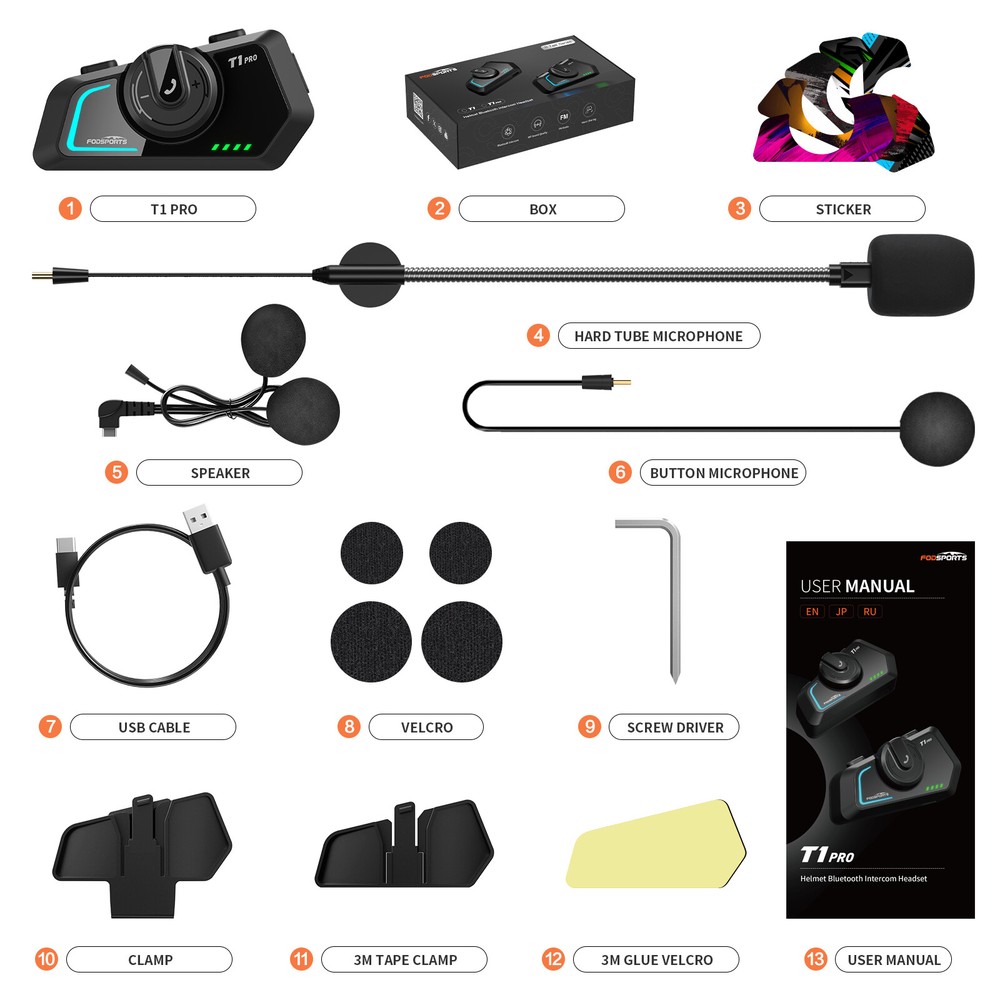 T1 Pro Motorcycle Intercom 6 Riders Group 2000m Bluetooth Helmet Headset+Sticker