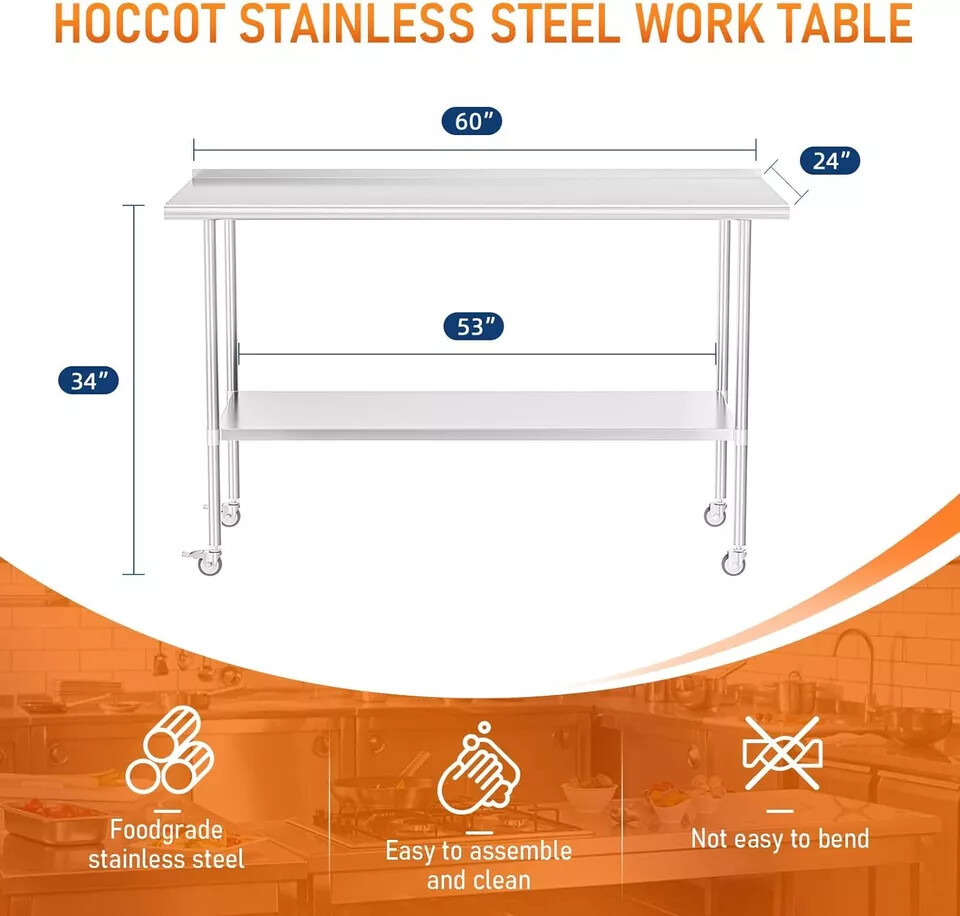 Commercial Restaurant Kitchen Prep Work Table 24" x 60" w/Backsplash & Casters