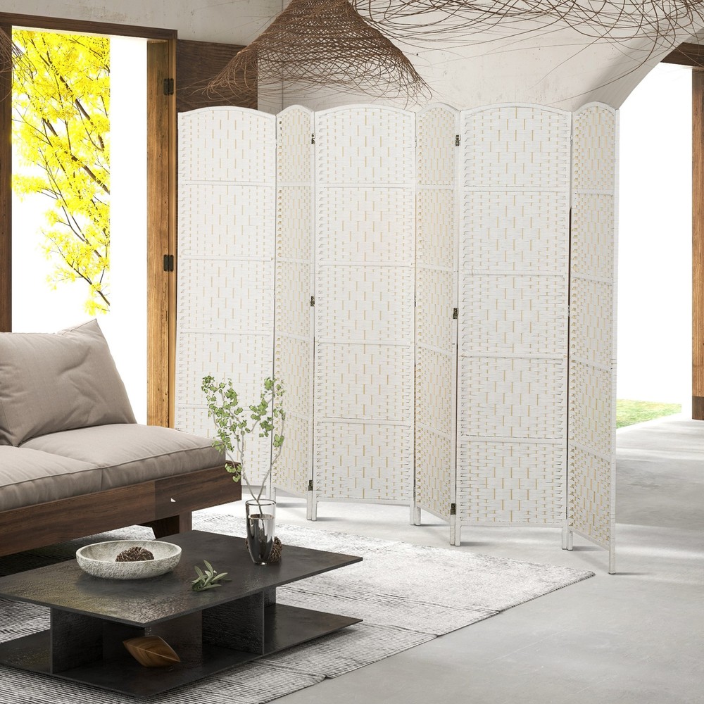 6 Weave Panel Room Divider Privacy Folding Screen Diamond Decor, White