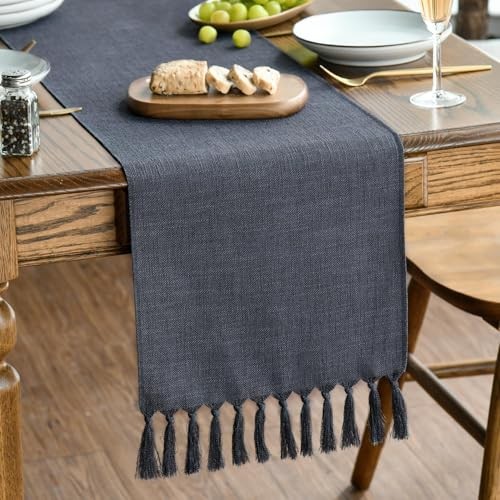 Tassel Table Runner, Linen Blend Rustic 13" x 48", Table Runner Graphite Grey