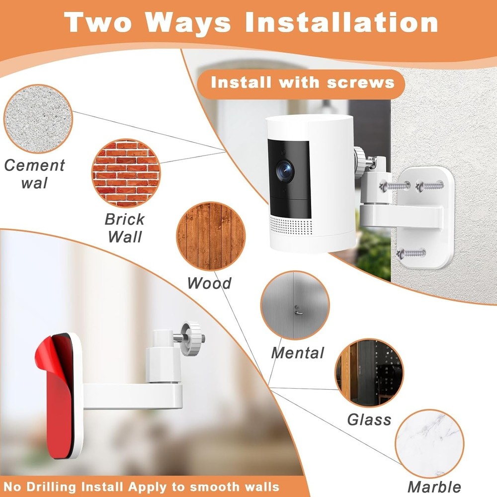 2-Pack Adjustable Ring Camera Wall Mount - 360° Rotation, No Drill Installation